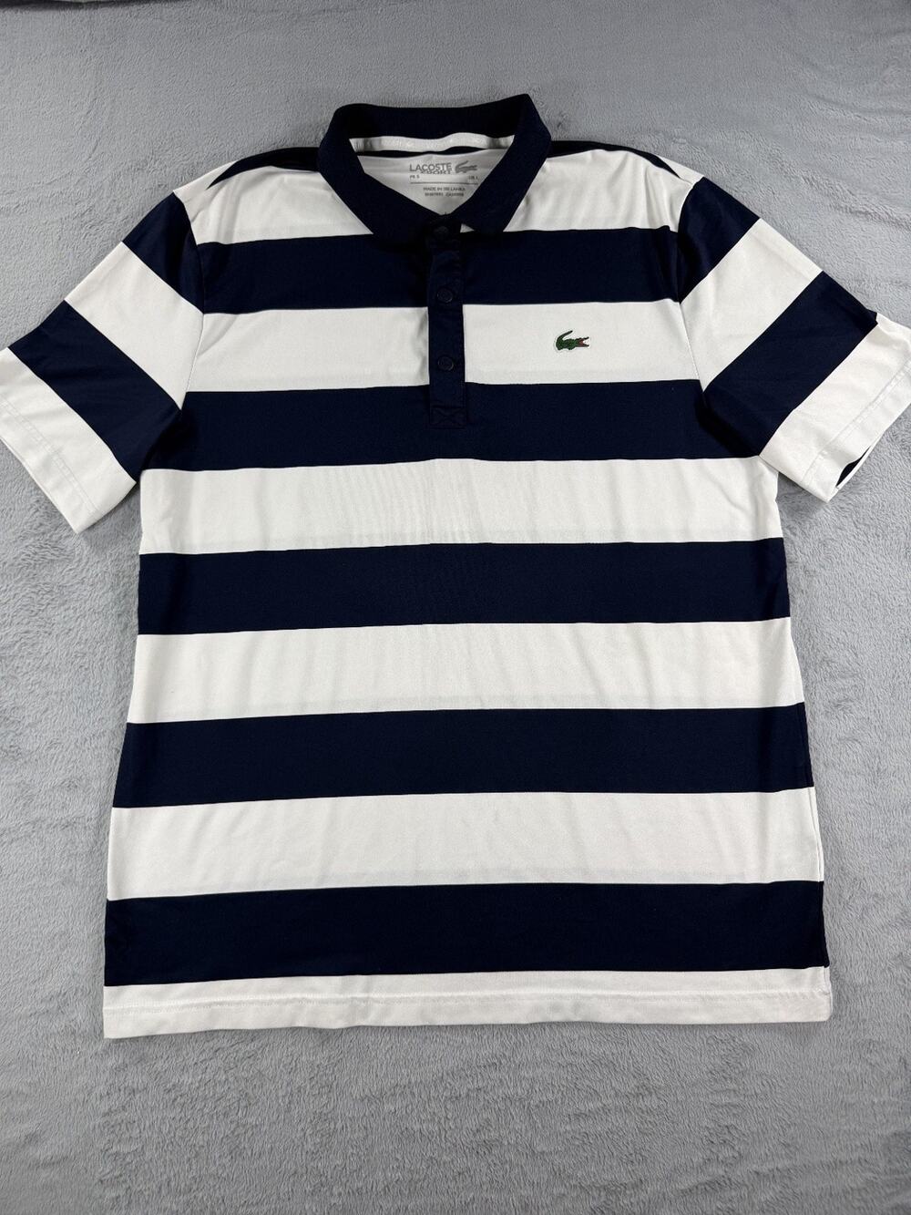 Lacoste Sport Men's L Navy Blue White Striped Performance Polo Shirt Collared
